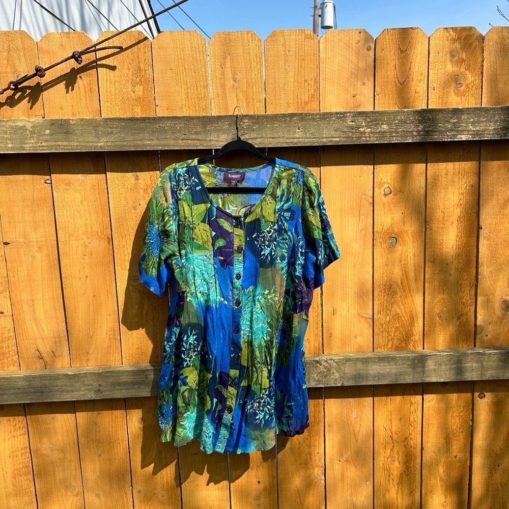 Roaman's Button-Up Blouse Short Sleeve Floral Blue Green Light Spring Size‎ 12W